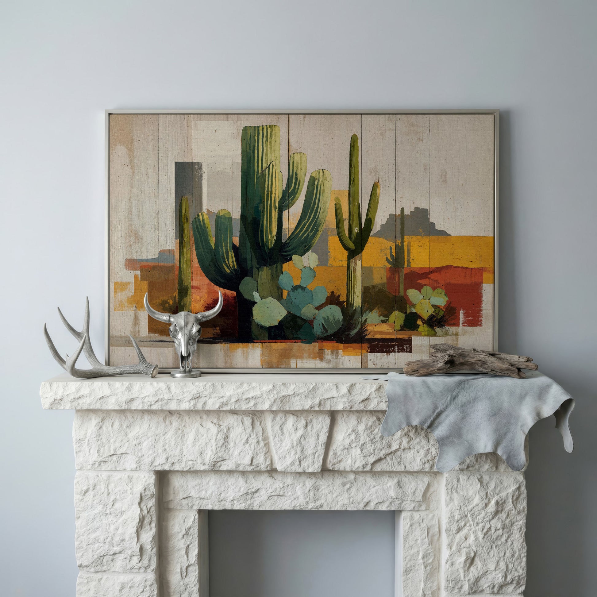 Saguaro Desert Canvas Art, Southwest Cactus Landscape Wall Print in silver floating frame