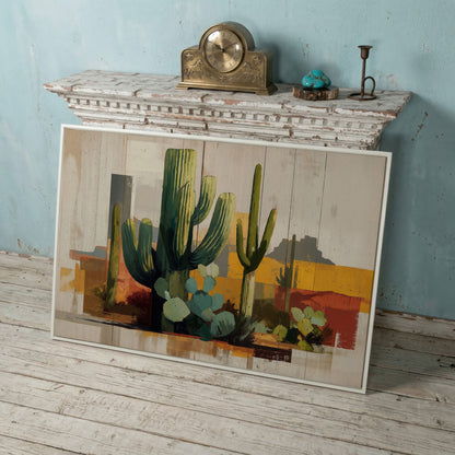 Saguaro Desert Canvas Art, Southwest Cactus Landscape Wall Print in white floating frame