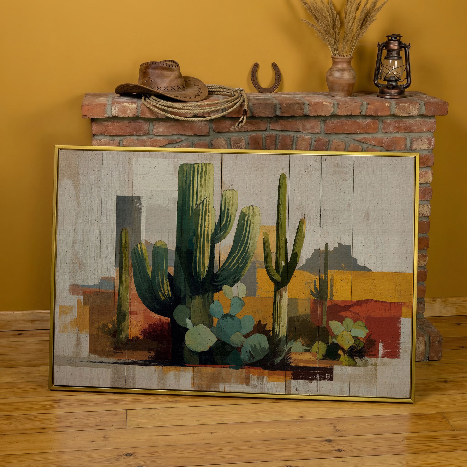 Saguaro Desert Canvas Art, Southwest Cactus Landscape Wall Print in yellow gold floating frame