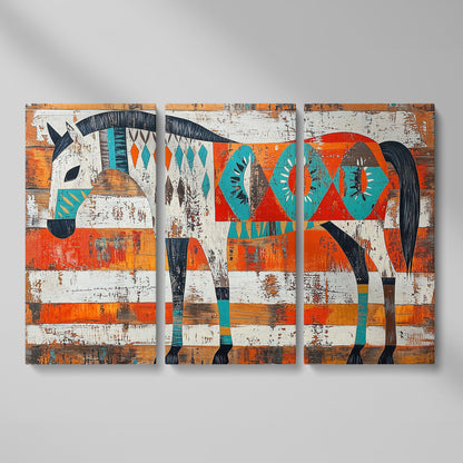 Geometric Horse Portrait Canvas Wall Art, Abstract Western Decor as 3-panel split version