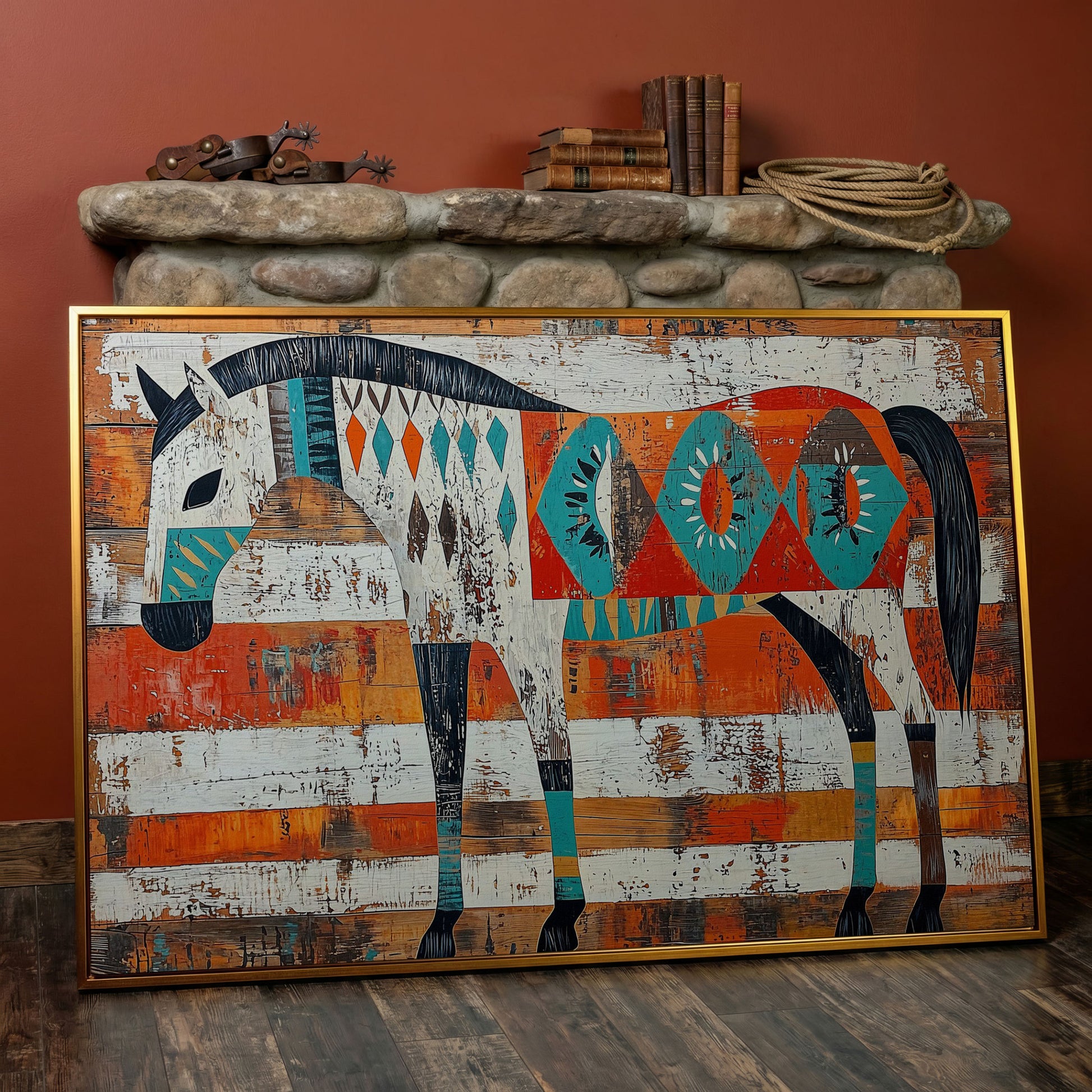 Geometric Horse Portrait Canvas Wall Art, Abstract Western Decor in antique gold floating frame