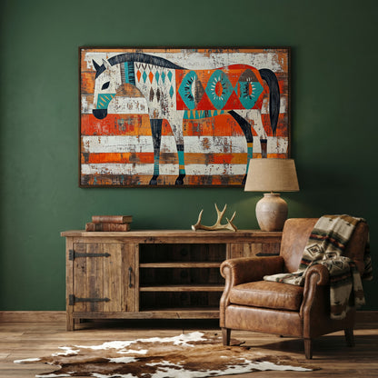 Geometric Horse Portrait Canvas Wall Art, Abstract Western Decor in dark walnut floating frame