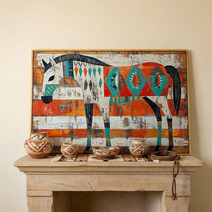 Geometric Horse Portrait Canvas Wall Art, Abstract Western Decor in white oak floating frame