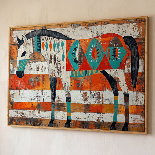 Geometric Horse Portrait Canvas Wall Art, Abstract Western Decor shown in white oak floating frame