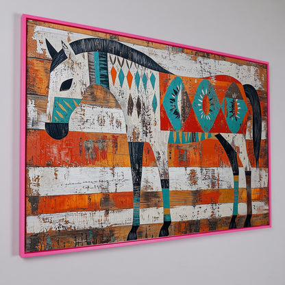 Geometric Horse Portrait Canvas Wall Art, Abstract Western Decor in pink floating frame