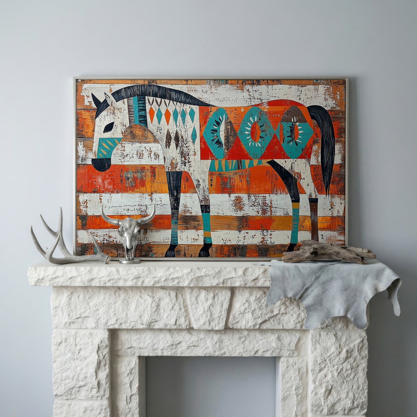Geometric Horse Portrait Canvas Wall Art, Abstract Western Decor in silver floating frame