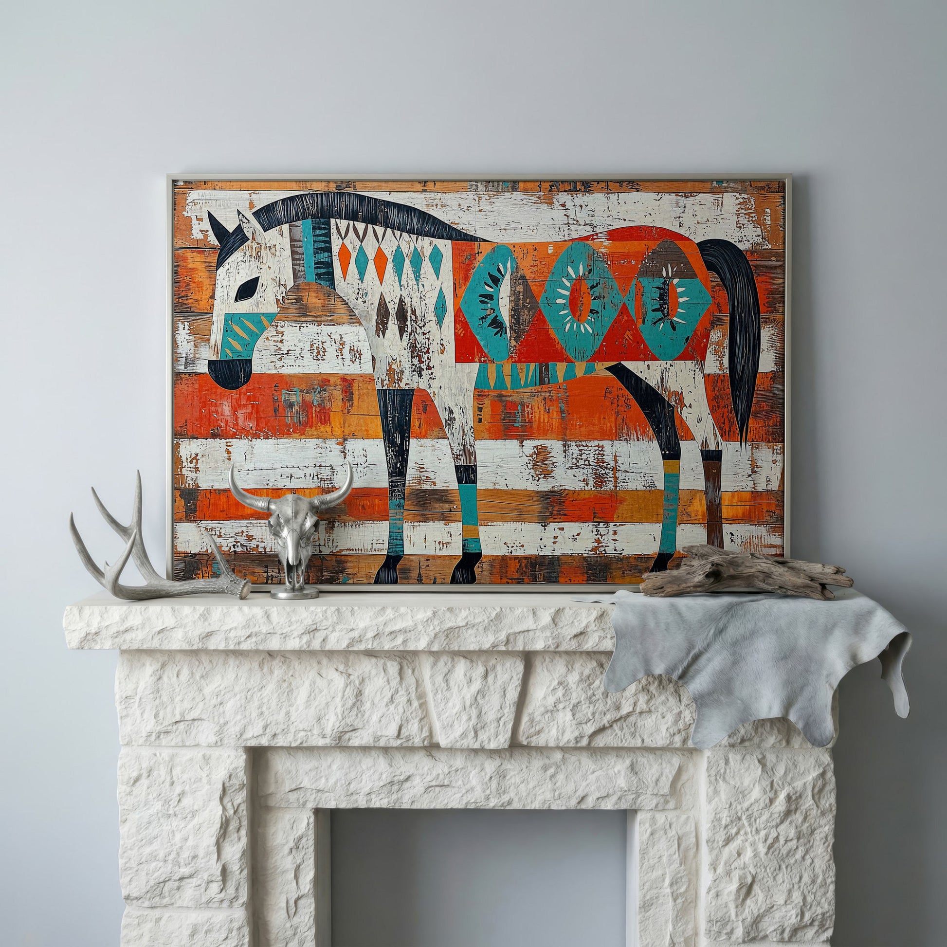 Geometric Horse Portrait Canvas Wall Art, Abstract Western Decor in silver floating frame