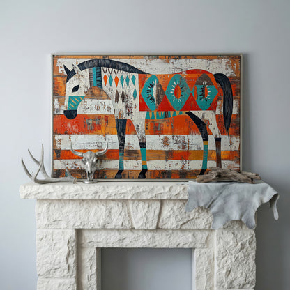Geometric Horse Portrait Canvas Wall Art, Abstract Western Decor in silver floating frame