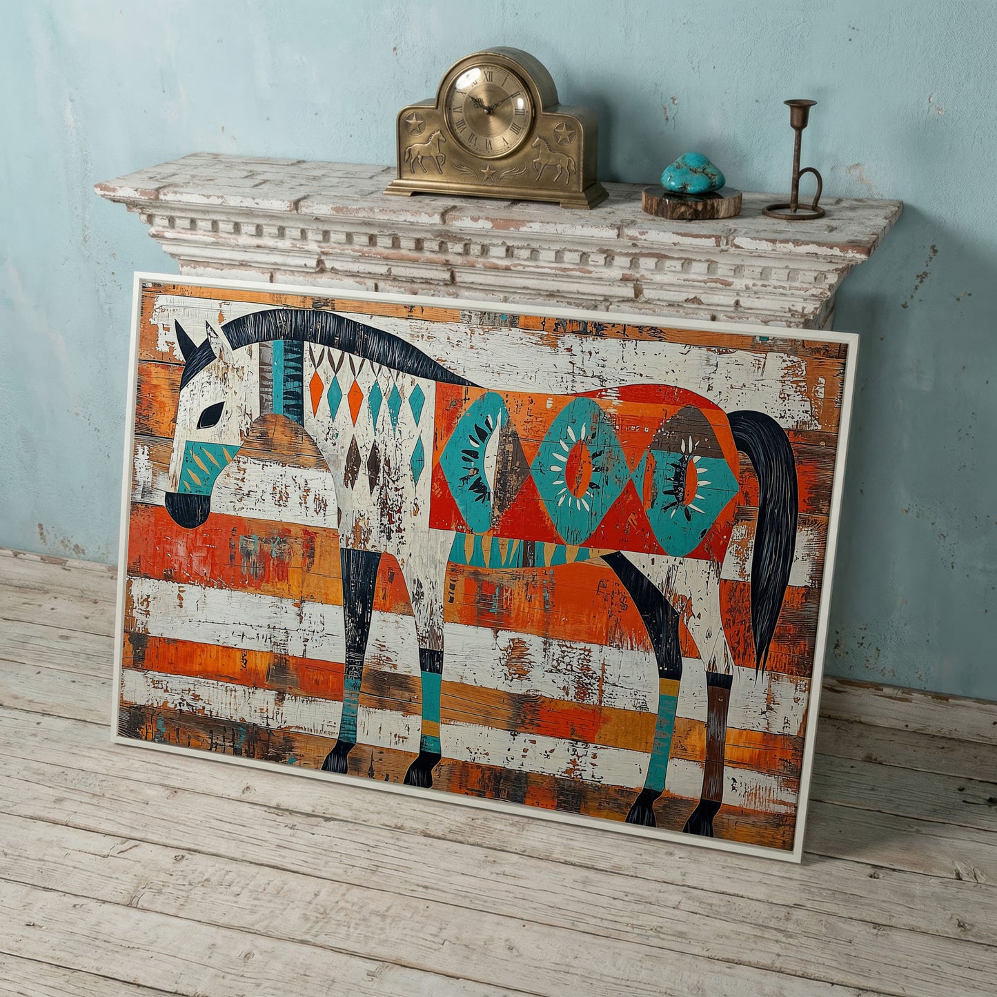 Geometric Horse Portrait Canvas Wall Art, Abstract Western Decor in white floating frame
