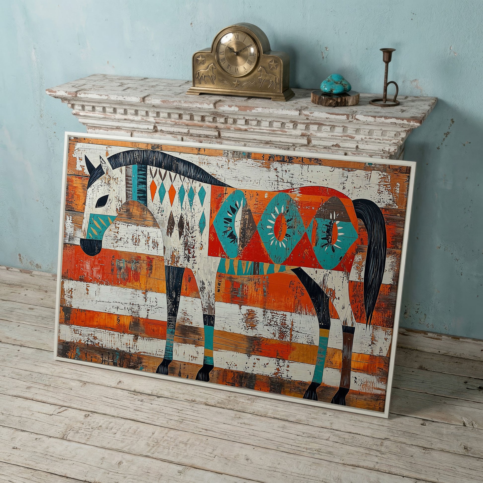 Geometric Horse Portrait Canvas Wall Art, Abstract Western Decor in white floating frame
