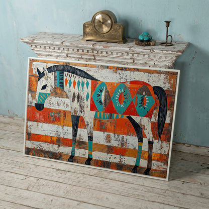 Geometric Horse Portrait Canvas Wall Art, Abstract Western Decor in white floating frame