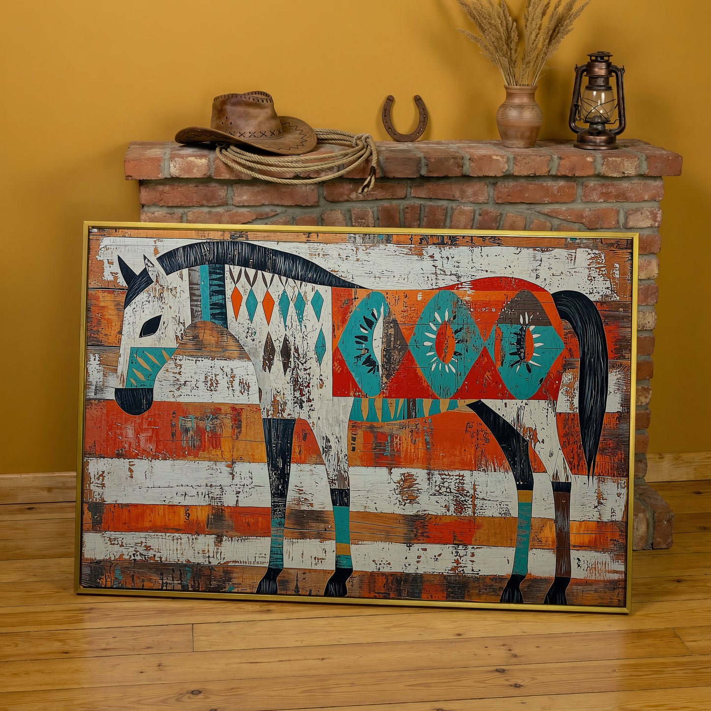 Geometric Horse Portrait Canvas Wall Art, Abstract Western Decor in yellow gold floating frame