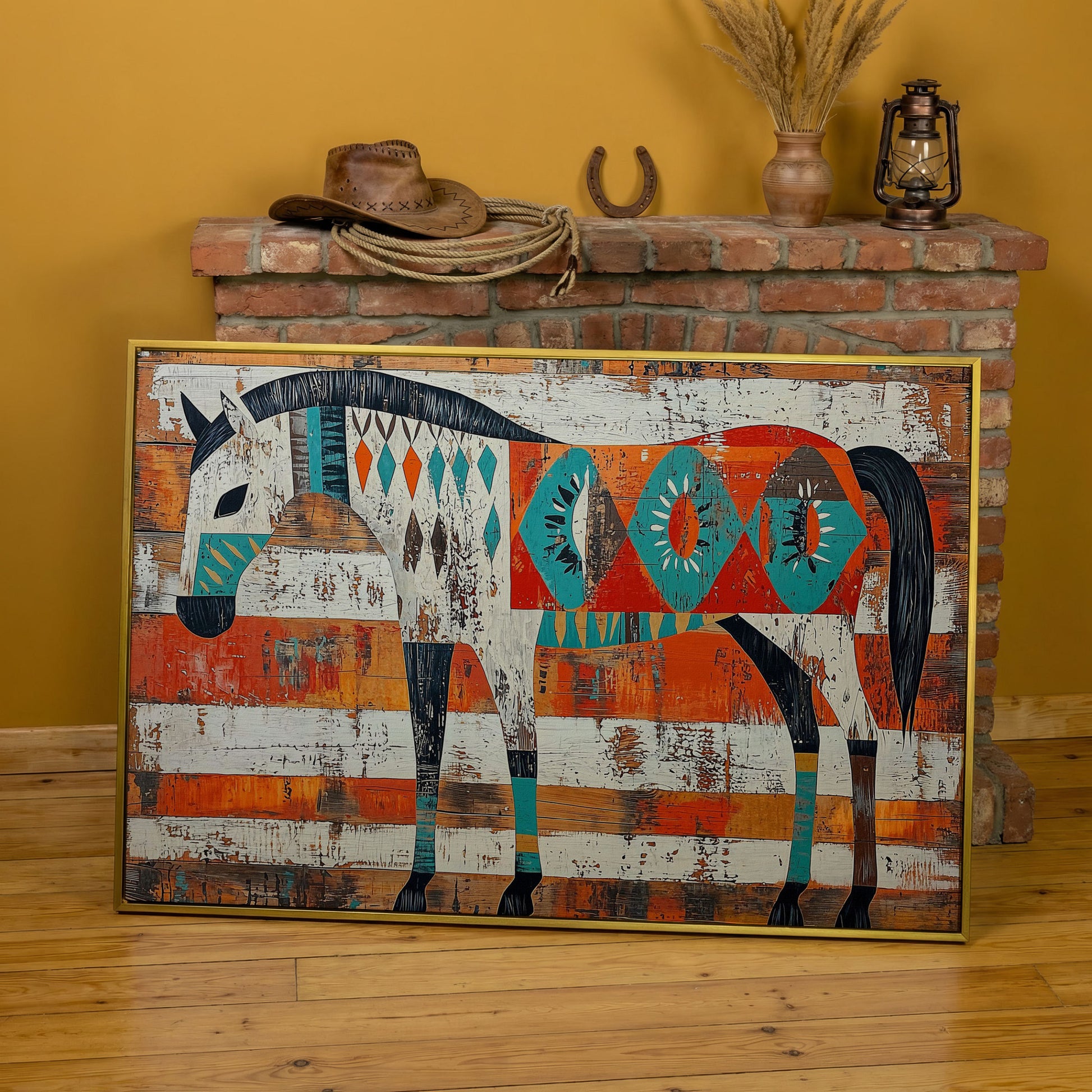 Geometric Horse Portrait Canvas Wall Art, Abstract Western Decor in yellow gold floating frame