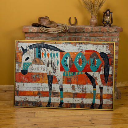 Geometric Horse Portrait Canvas Wall Art, Abstract Western Decor in yellow gold floating frame
