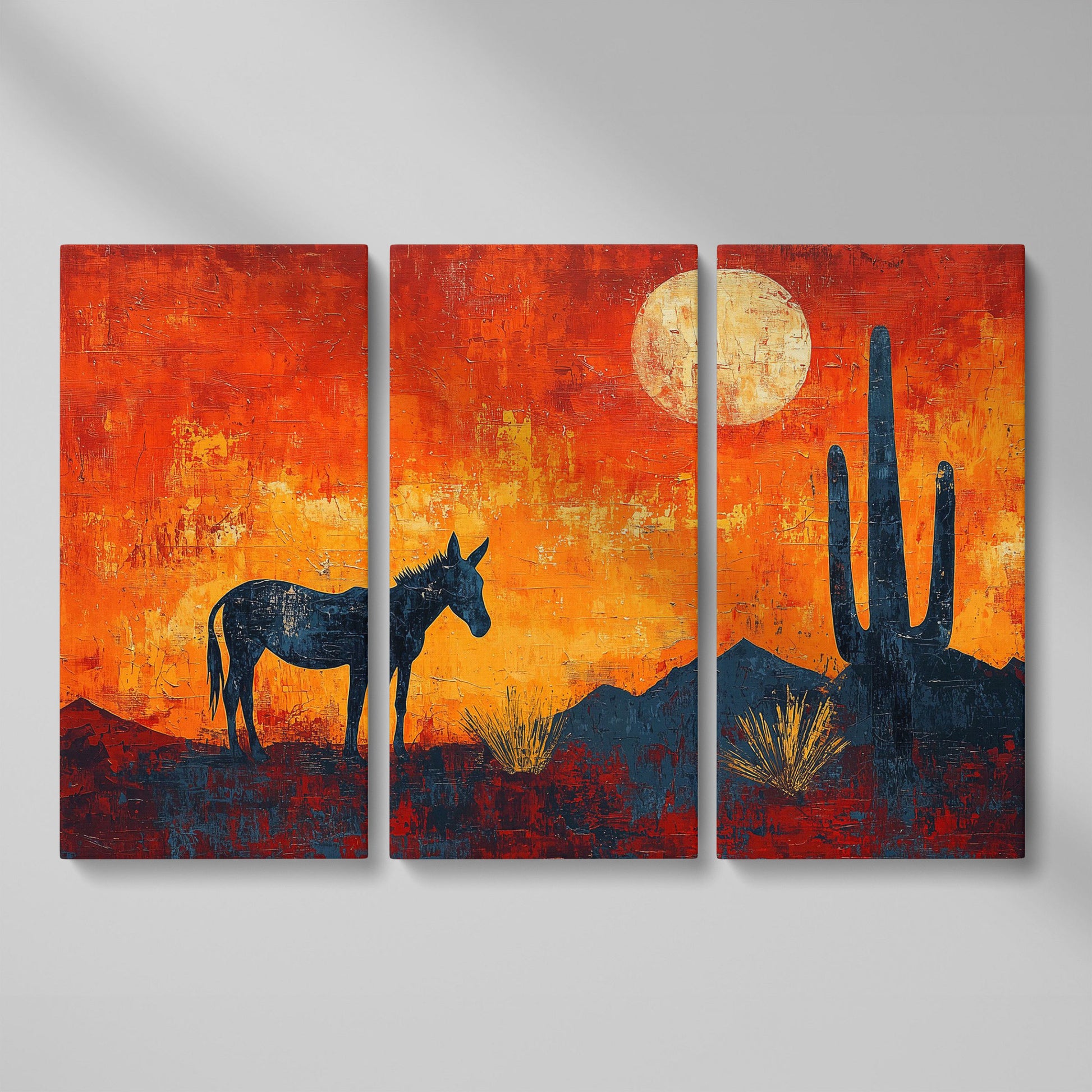 Desert Moonrise with Donkey and Cactus, Southwest Canvas Wall Art as 3-panel split version