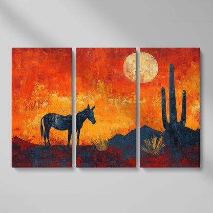 Desert Moonrise with Donkey and Cactus, Southwest Canvas Wall Art as 3-panel split version