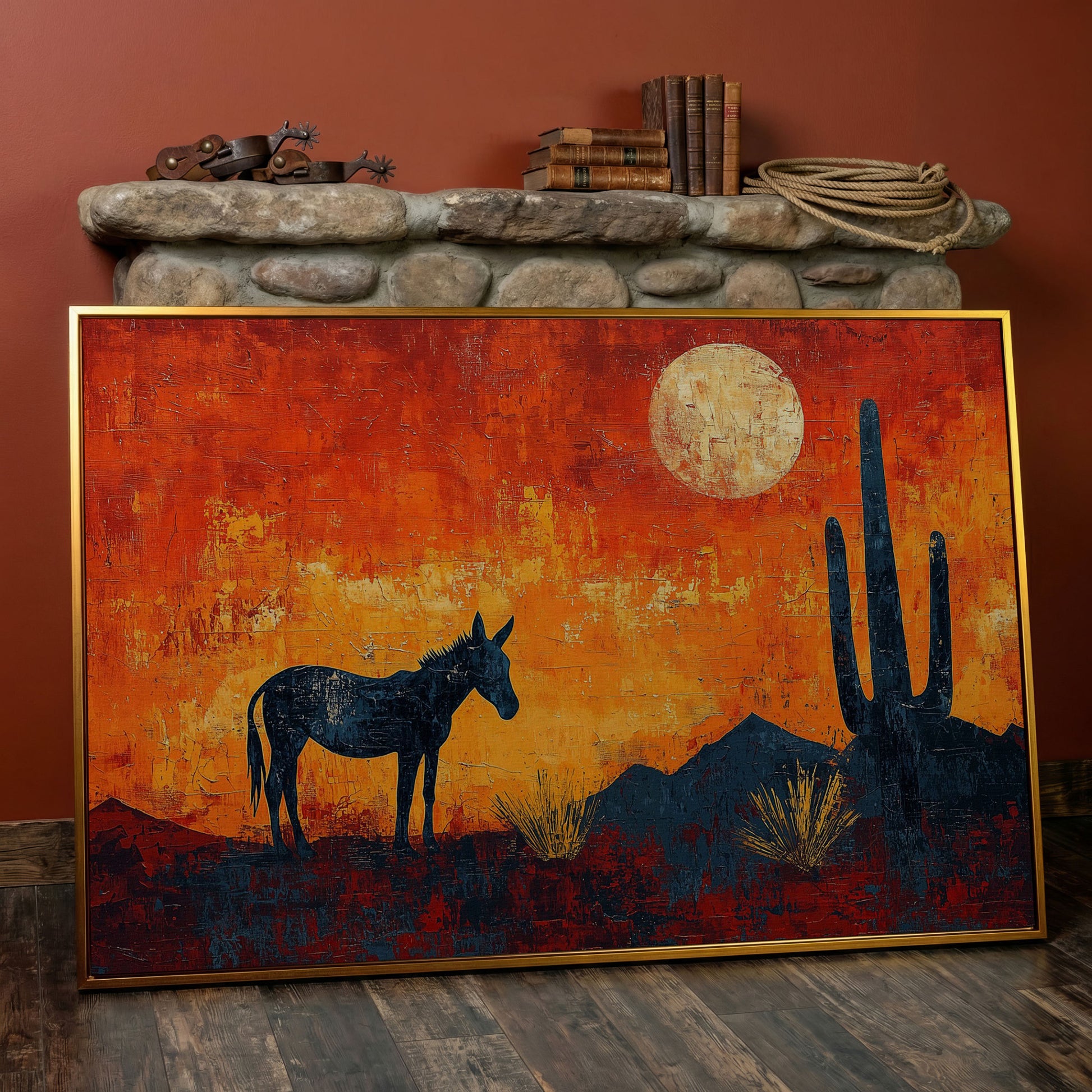 Desert Moonrise with Donkey and Cactus, Southwest Canvas Wall Art in antique gold floating frame