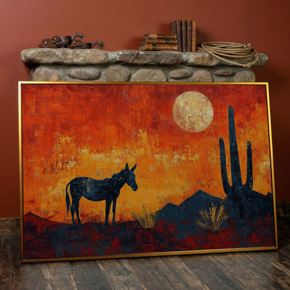 Desert Moonrise with Donkey and Cactus, Southwest Canvas Wall Art in antique gold floating frame