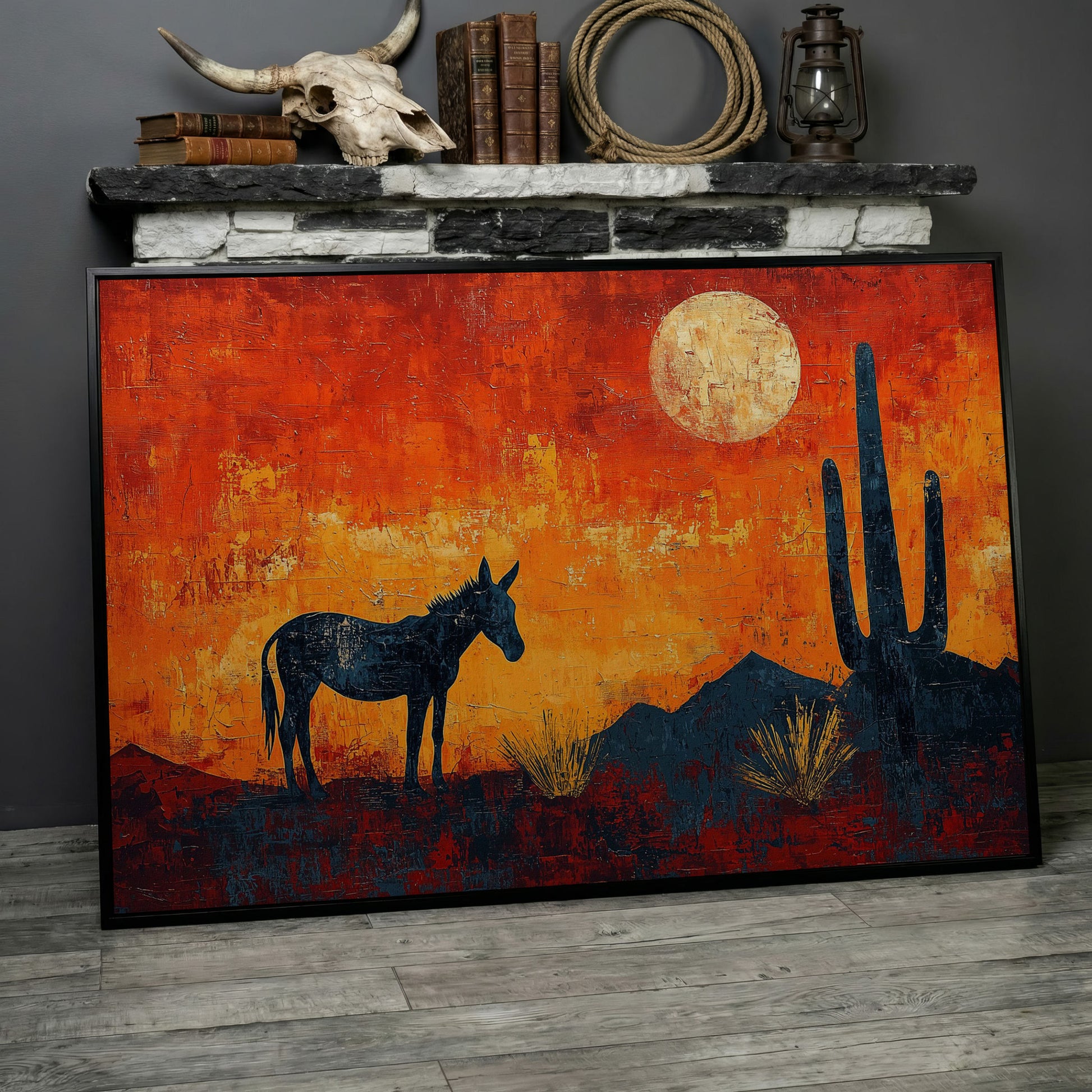 Desert Moonrise with Donkey and Cactus, Southwest Canvas Wall Art in black floating frame