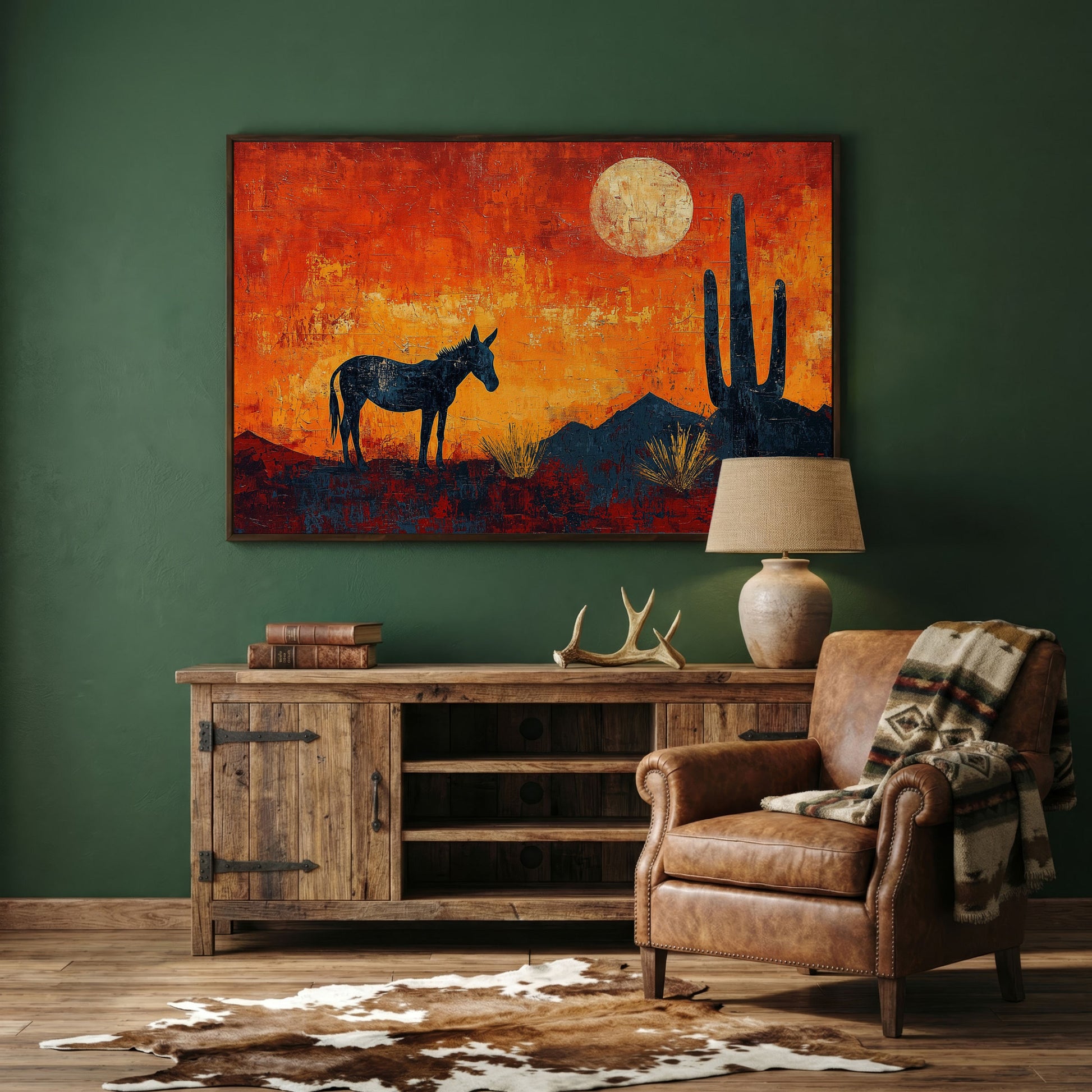 Desert Moonrise with Donkey and Cactus, Southwest Canvas Wall Art in dark walnut floating frame