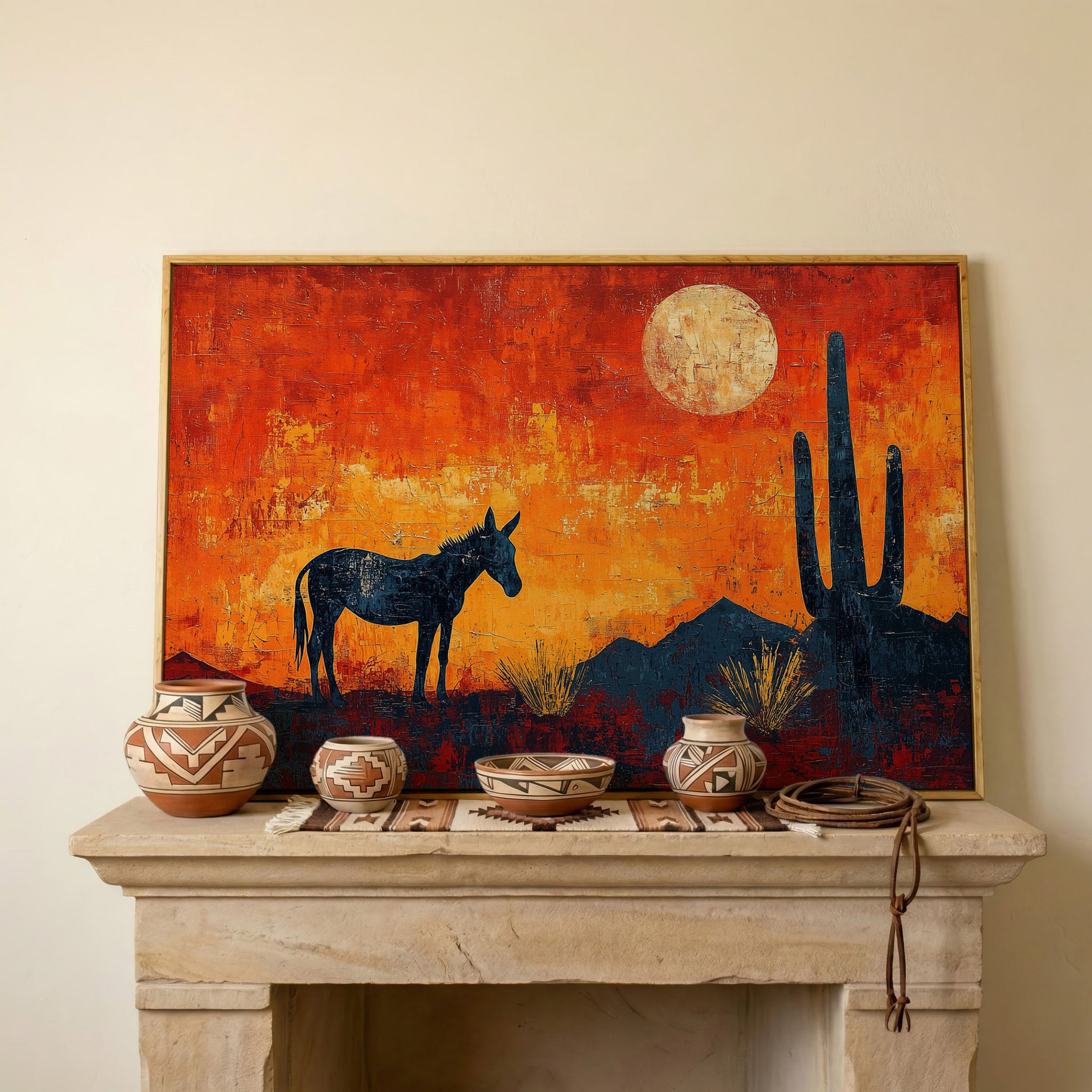 Desert Moonrise with Donkey and Cactus, Southwest Canvas Wall Art in white oak floating frame