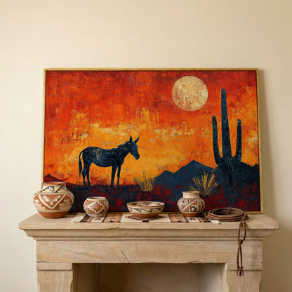 Desert Moonrise with Donkey and Cactus, Southwest Canvas Wall Art in white oak floating frame