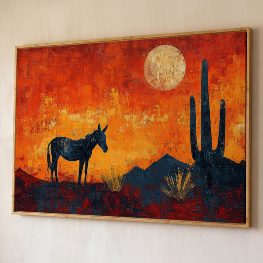 Desert Moonrise with Donkey and Cactus, Southwest Canvas Wall Art shown in white oak floating frame