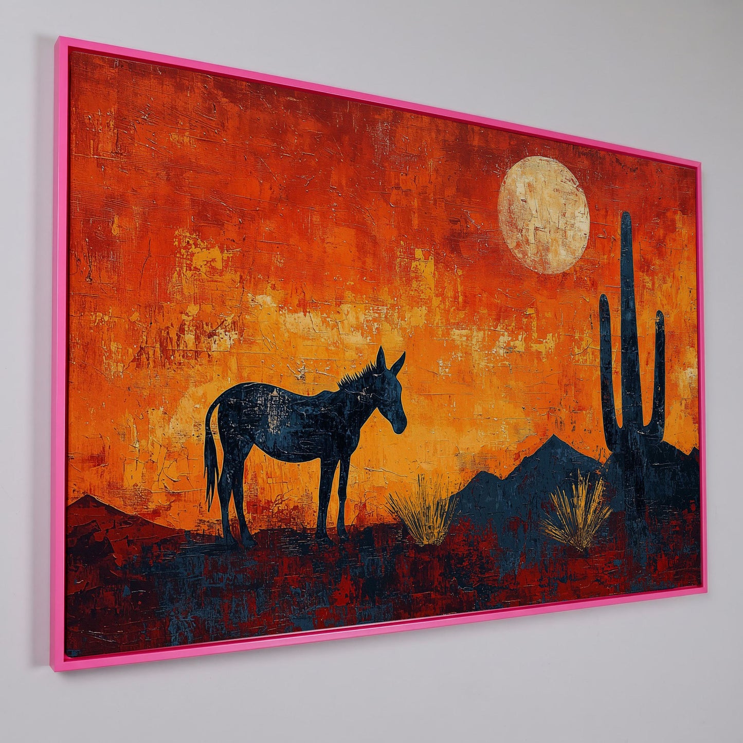 Desert Moonrise with Donkey and Cactus, Southwest Canvas Wall Art in pink floating frame