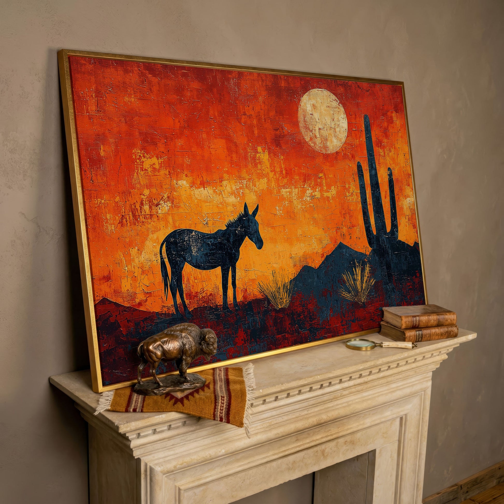 Desert Moonrise with Donkey and Cactus, Southwest Canvas Wall Art in rose gold floating frame