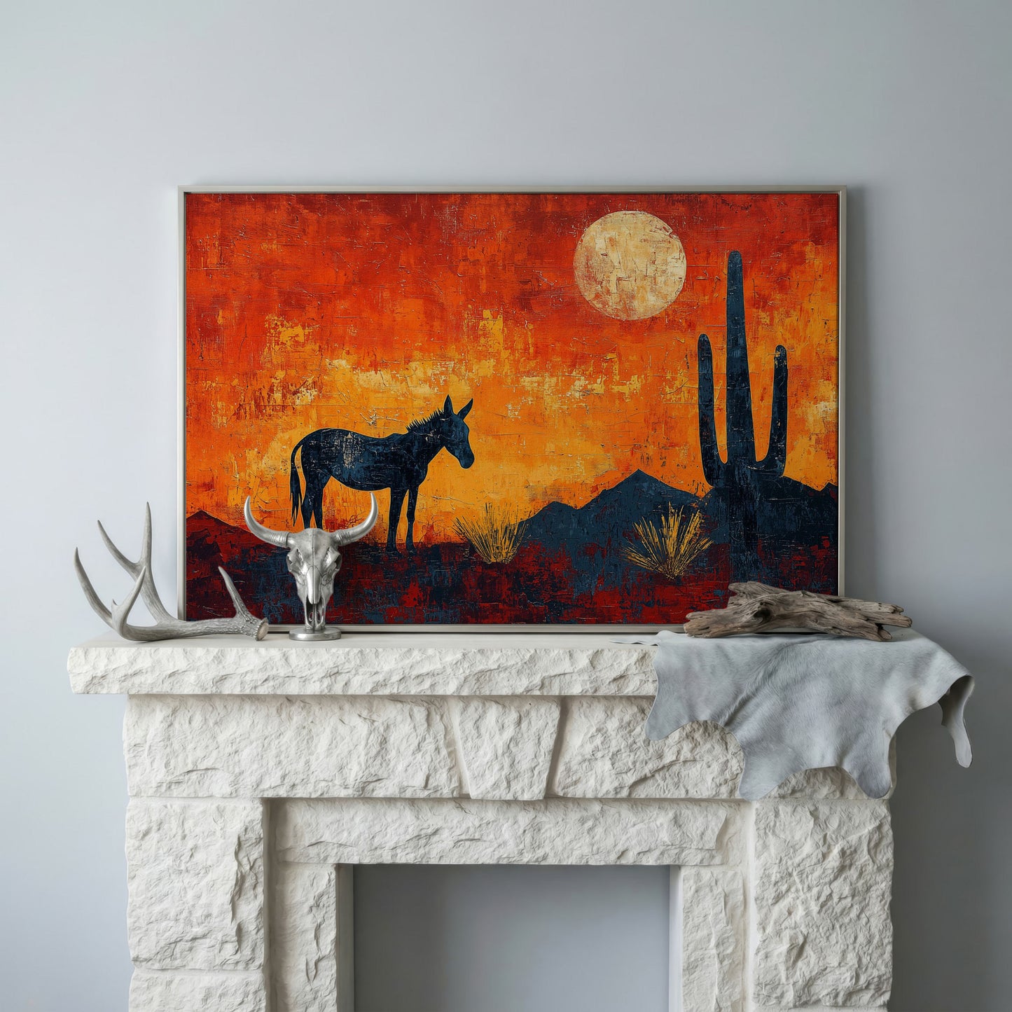 Desert Moonrise with Donkey and Cactus, Southwest Canvas Wall Art in silver floating frame