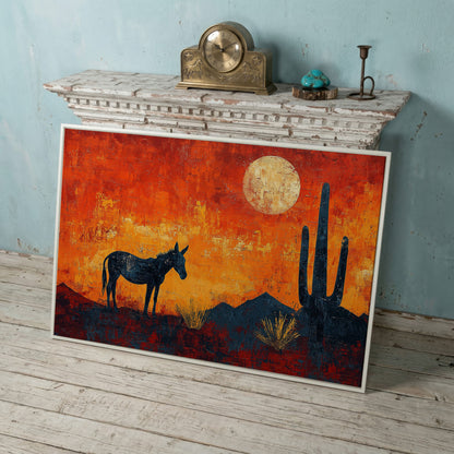 Desert Moonrise with Donkey and Cactus, Southwest Canvas Wall Art in white floating frame