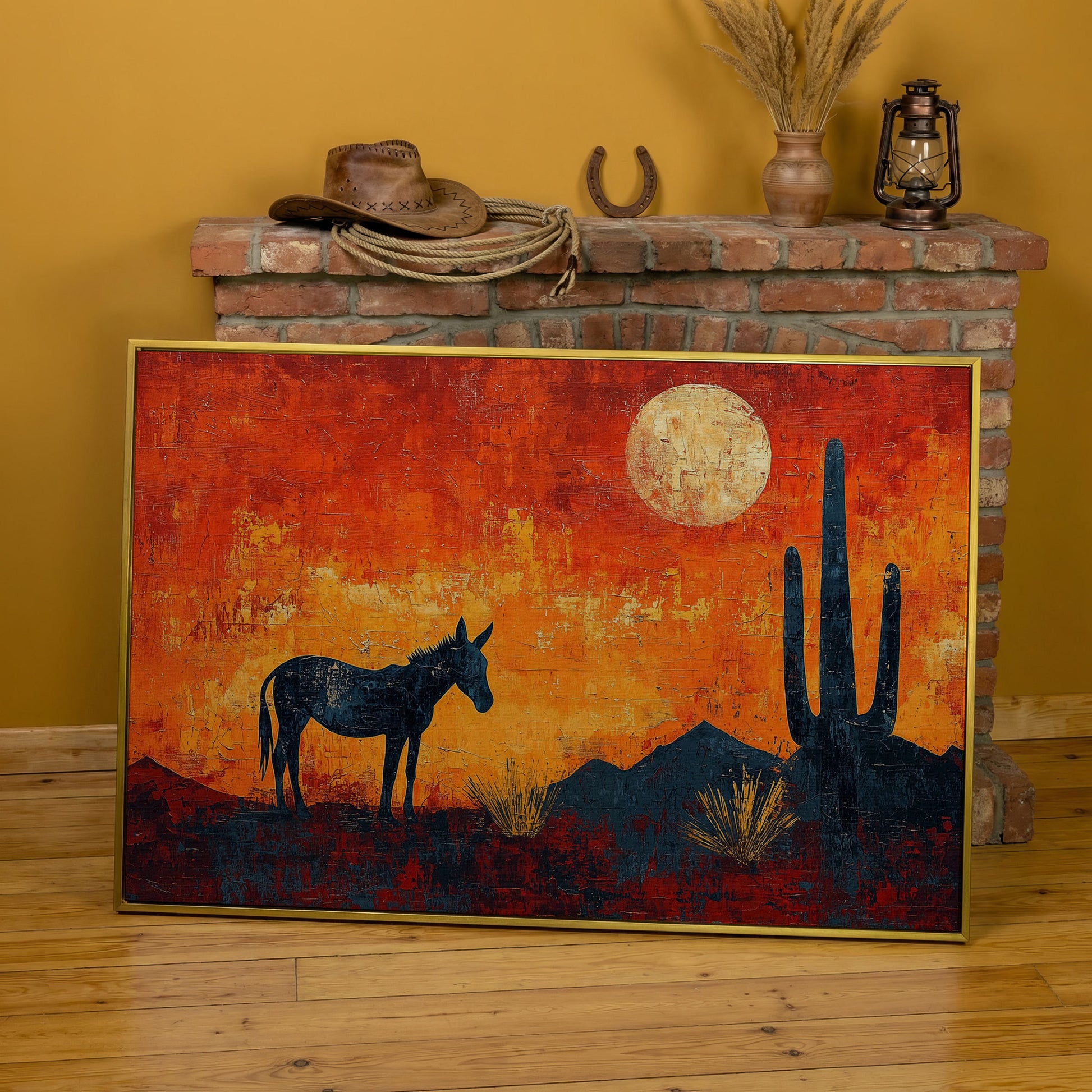 Desert Moonrise with Donkey and Cactus, Southwest Canvas Wall Art in yellow gold floating frame