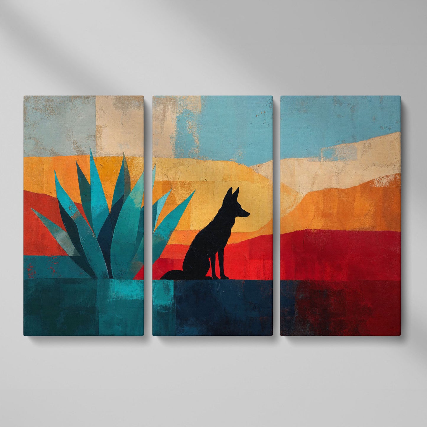 Coyote and Agave Desert Canvas Wall Art, Southwest Silhouette as 3-panel split version