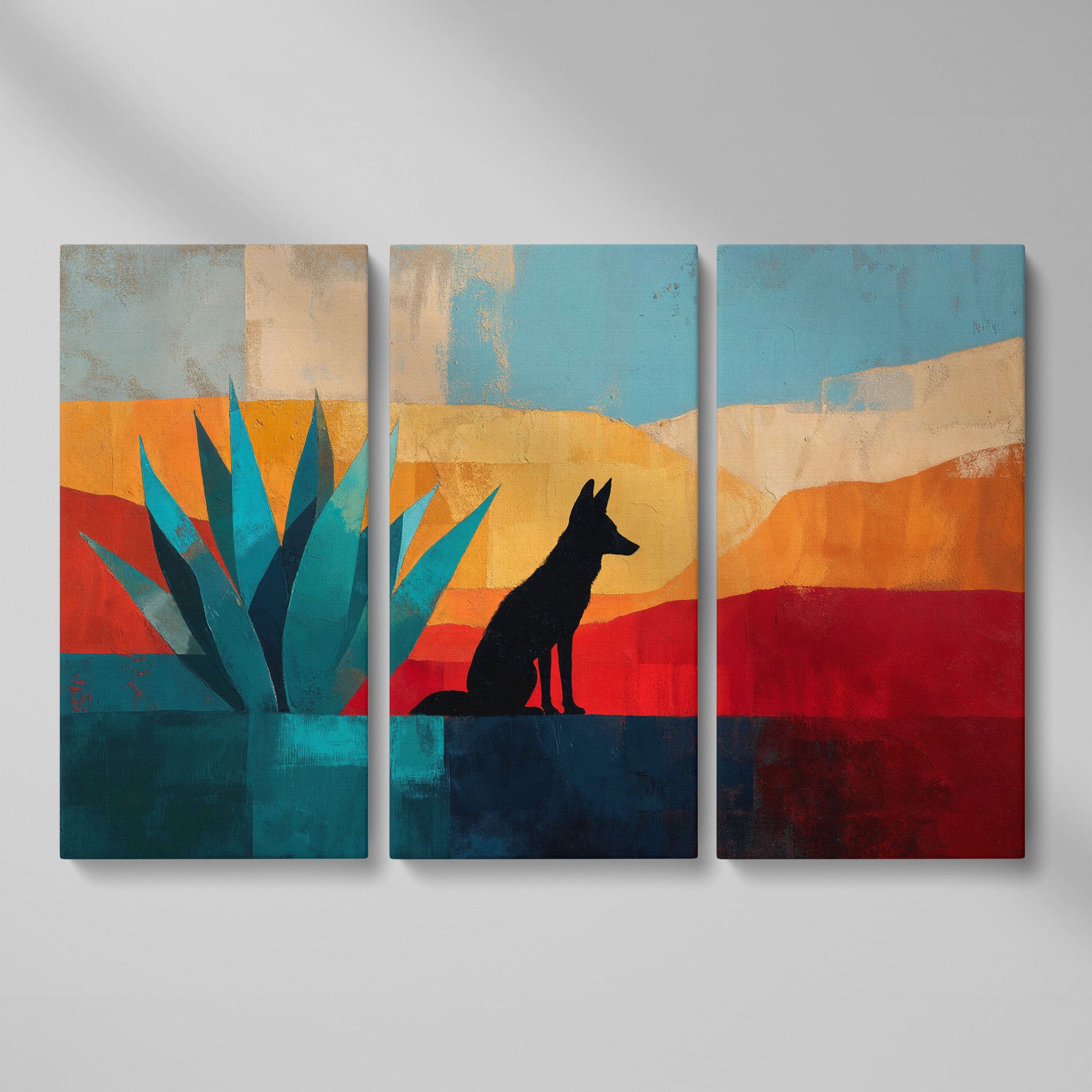 Coyote and Agave Desert Canvas Wall Art, Southwest Silhouette as 3-panel split version