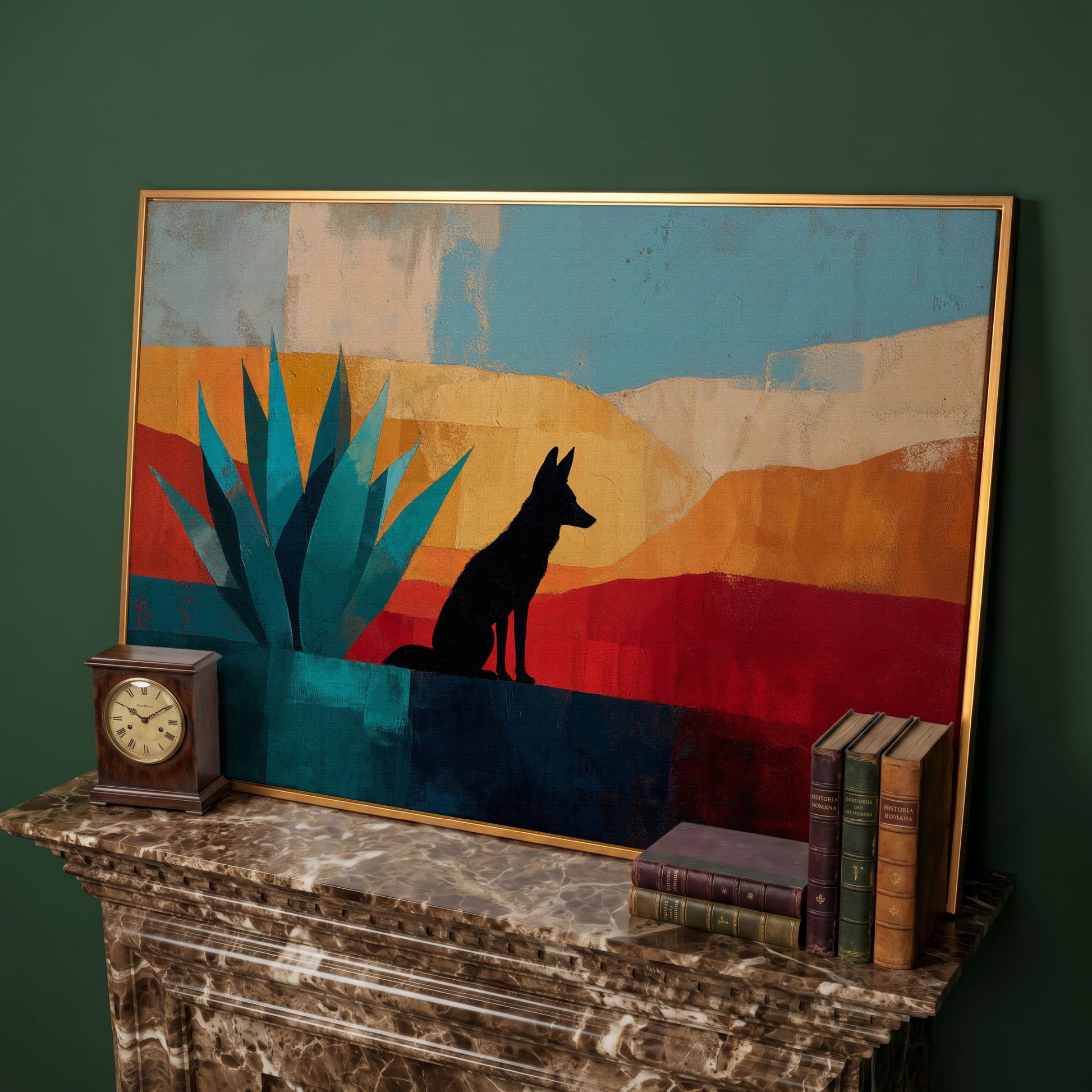 Coyote and Agave Desert Canvas Wall Art, Southwest Silhouette in antique gold floating frame