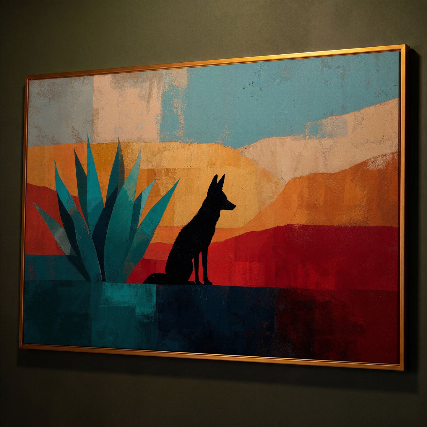 Coyote and Agave Desert Canvas Wall Art, Southwest Silhouette shown in antique gold floating frame
