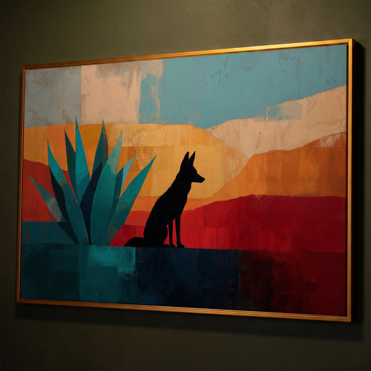 Coyote and Agave Desert Canvas Wall Art, Southwest Silhouette shown in antique gold floating frame