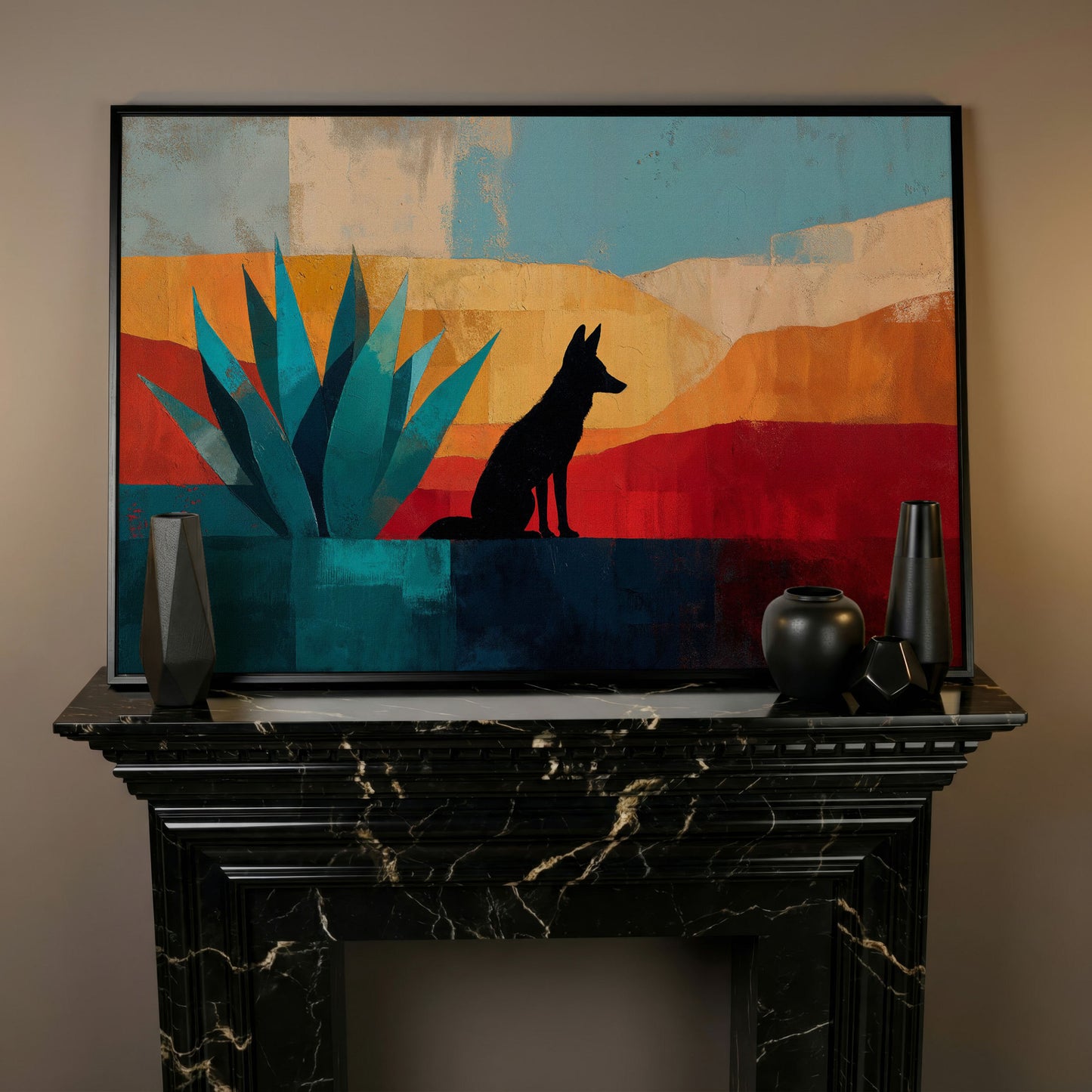 Coyote and Agave Desert Canvas Wall Art, Southwest Silhouette in black floating frame