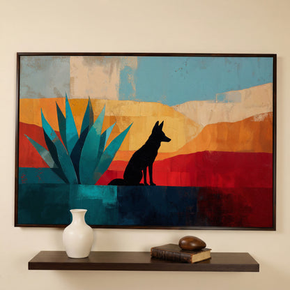 Coyote and Agave Desert Canvas Wall Art, Southwest Silhouette in dark walnut floating frame