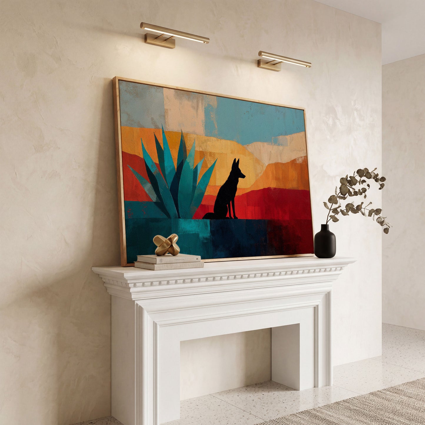 Coyote and Agave Desert Canvas Wall Art, Southwest Silhouette in white oak floating frame