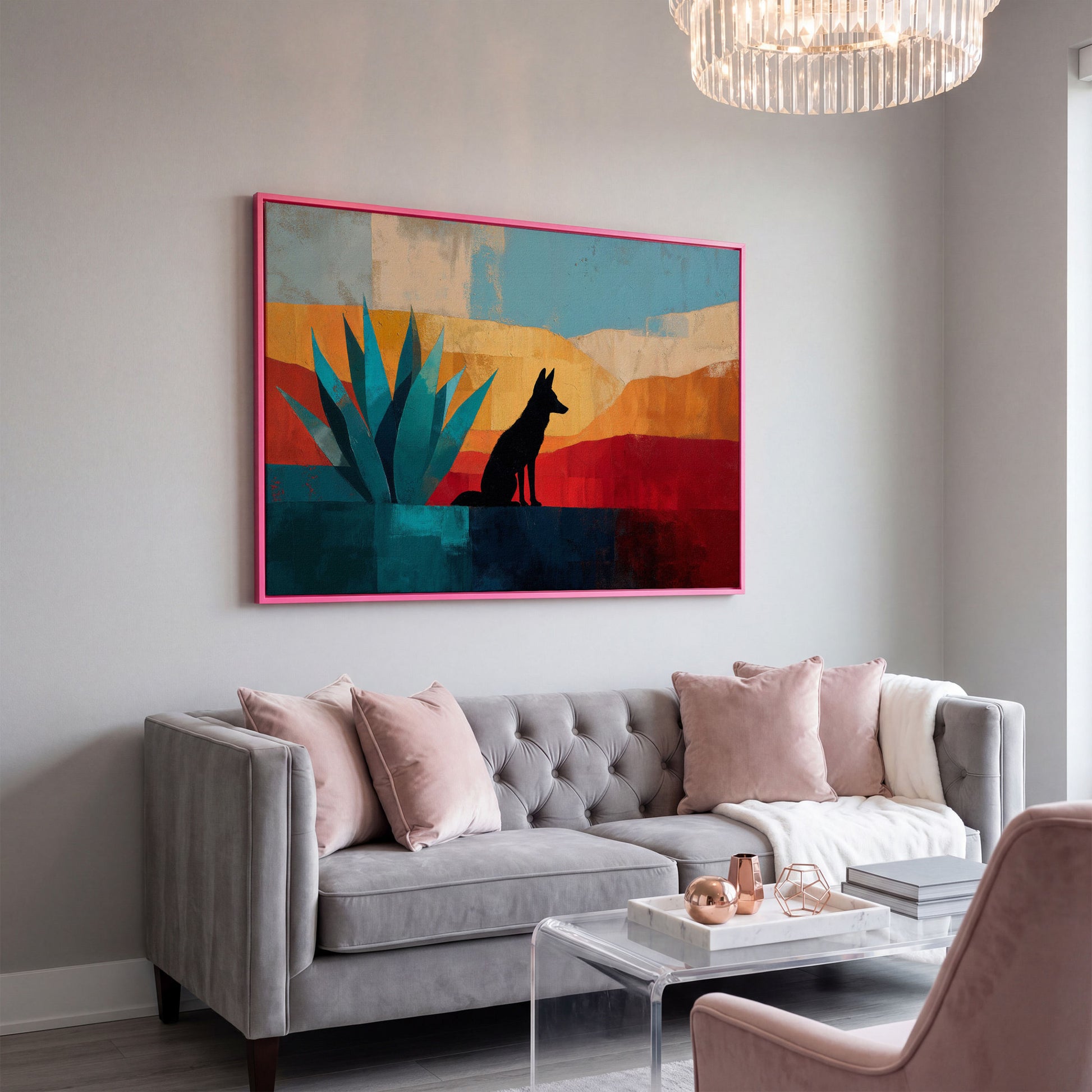 Coyote and Agave Desert Canvas Wall Art, Southwest Silhouette in pink floating frame