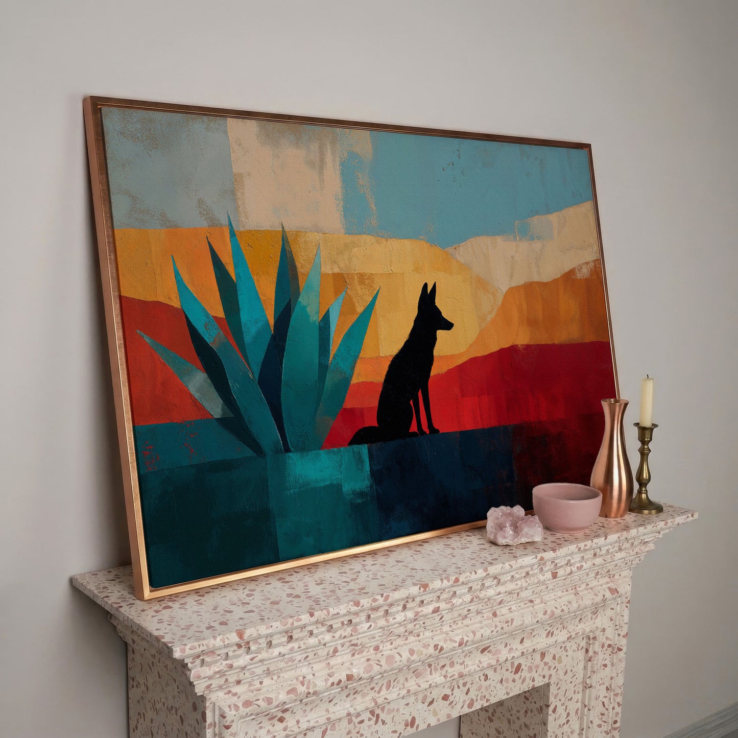 Coyote and Agave Desert Canvas Wall Art, Southwest Silhouette in rose gold floating frame