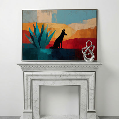 Coyote and Agave Desert Canvas Wall Art, Southwest Silhouette in silver floating frame