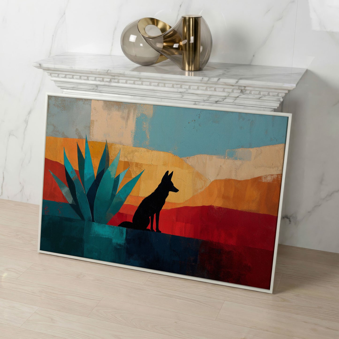 Coyote and Agave Desert Canvas Wall Art, Southwest Silhouette in white floating frame