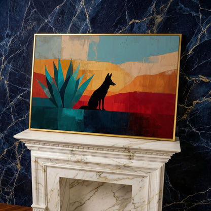 Coyote and Agave Desert Canvas Wall Art, Southwest Silhouette in yellow gold floating frame