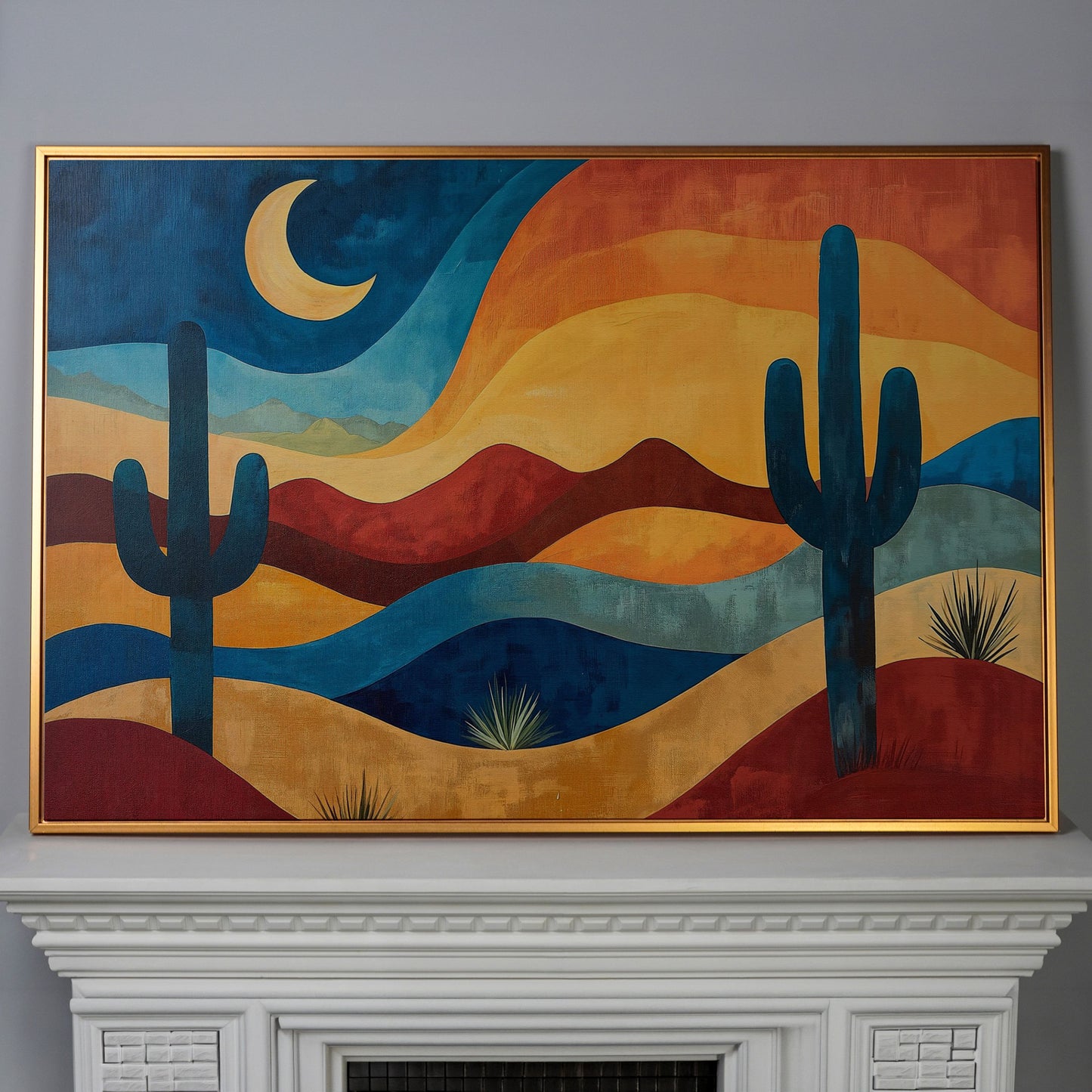 Saguaro Night. Desert Landscape Canvas Wall Art in antique gold floating frame