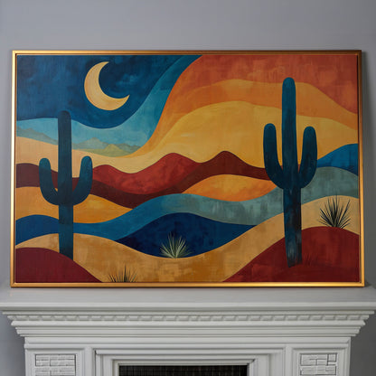 Saguaro Night. Desert Landscape Canvas Wall Art in antique gold floating frame