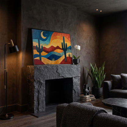Saguaro Night. Desert Landscape Canvas Wall Art in black floating frame