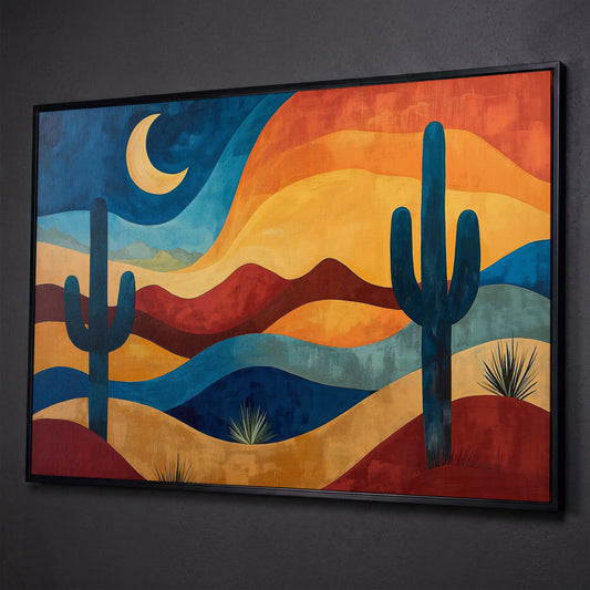 Saguaro Night. Desert Landscape Canvas Wall Art shown in black floating frame
