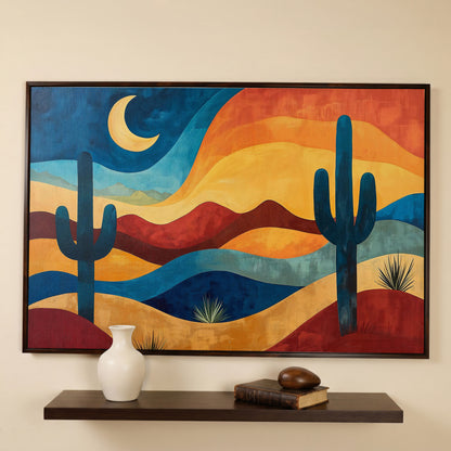 Saguaro Night. Desert Landscape Canvas Wall Art in dark walnut floating frame